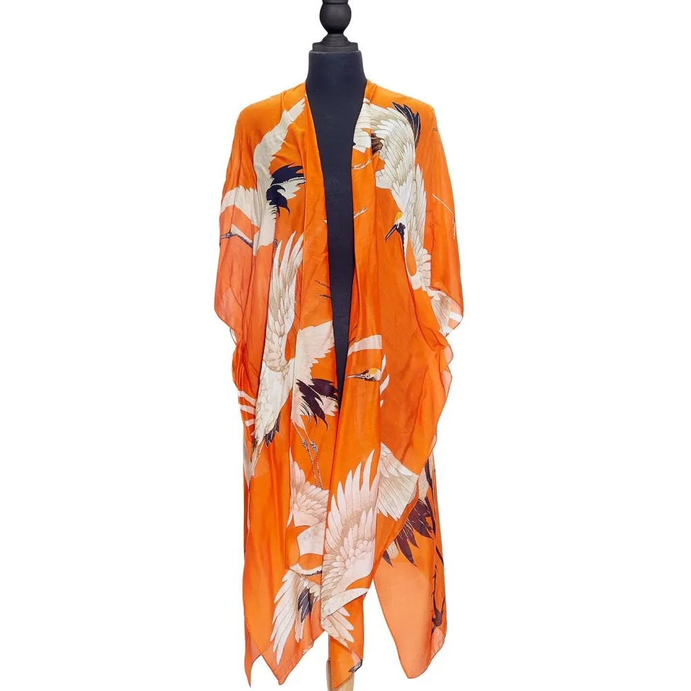 Tangerine Heron Long Kimono- Robes, Nightgowns & Dresses