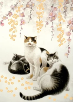 Three Cats Sakura Birthday Card- Greeting Cards