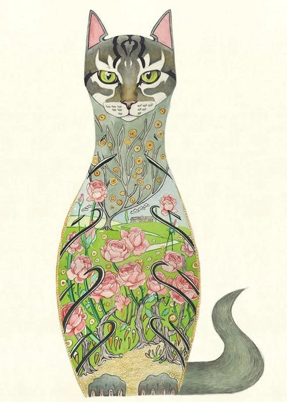 Watercolor Cat in a Rose Garden Greeting Card- Greeting Cards