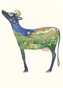 Watercolor Cow Looking at the Moon Greeting Card- Greeting Cards