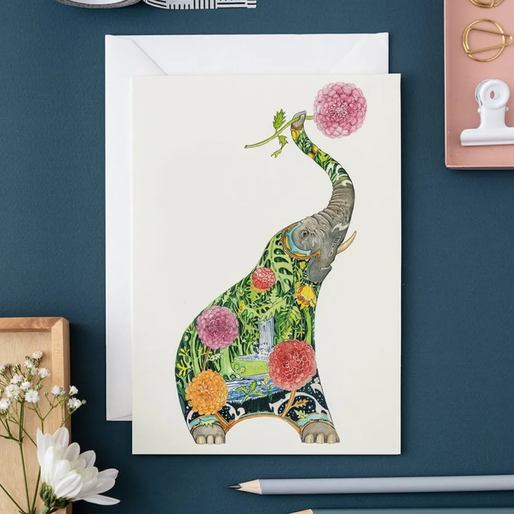 Watercolor Elephant with Flowers Greeting Card- Greeting Cards