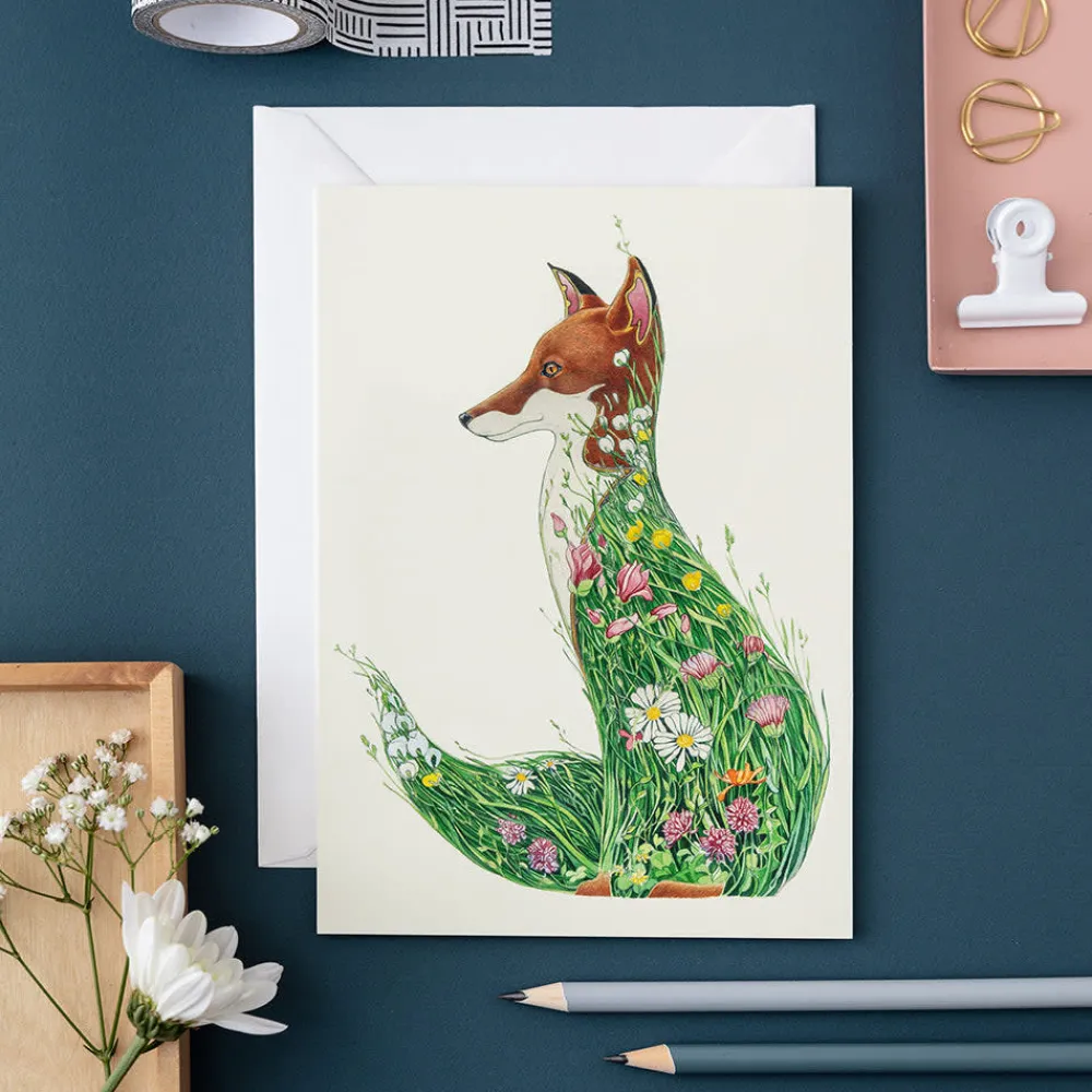 Watercolor Fox in a Meadow Greeting Card- Greeting Cards