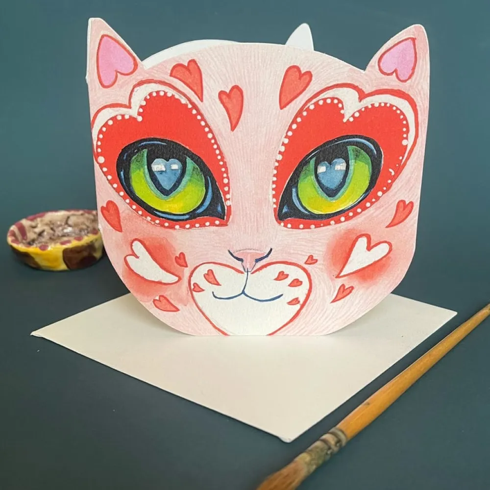 Watercolor Love Cat Face Die Cut Greeting Card- Greeting Cards