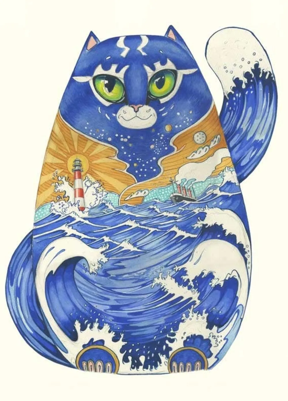 Watercolor Ships Cat Greeting Card- Greeting Cards