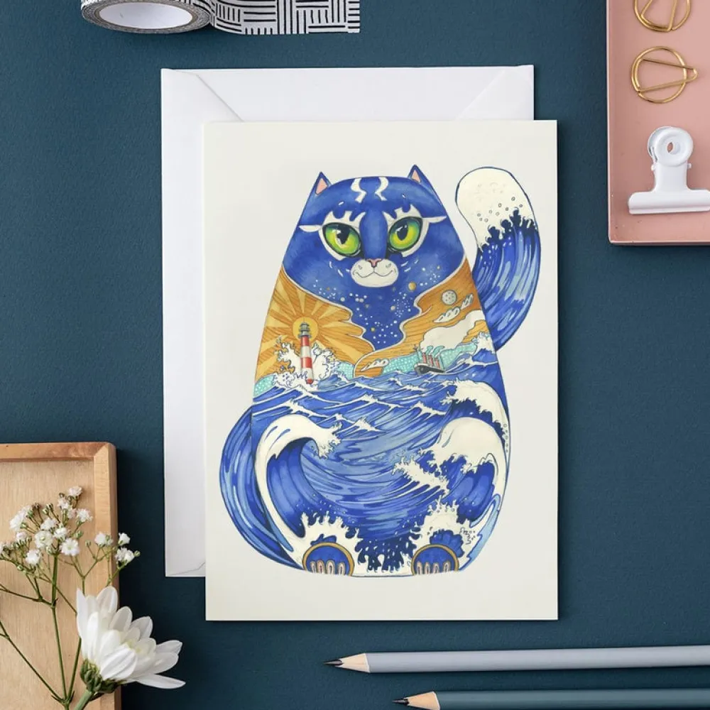 Watercolor Ships Cat Greeting Card- Greeting Cards