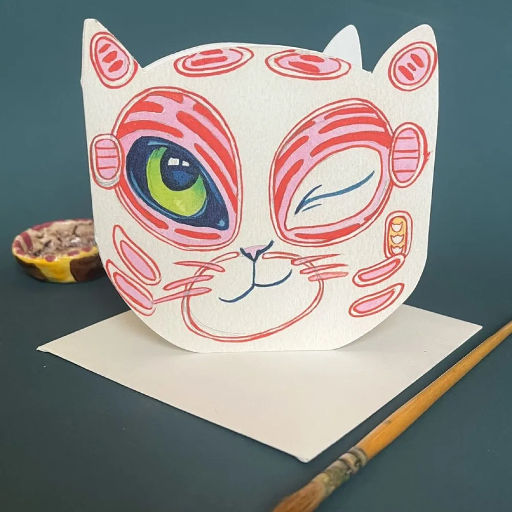 Watercolor Winking Cat Face Die Cut Greeting Card- Greeting Cards