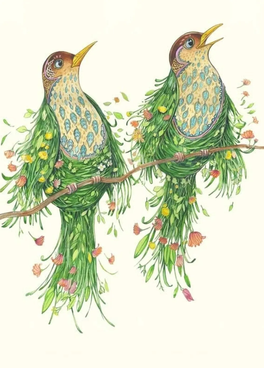 Watercolour Two Scruffy Thrushes Greeting Card- Greeting Cards