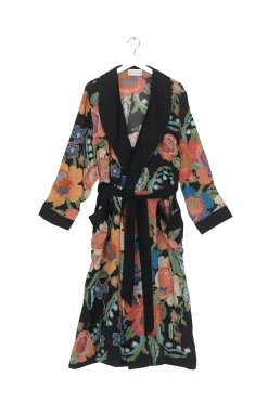 Woven Flower Black Crepe Robe Gown- Robes, Nightgowns & Dresses