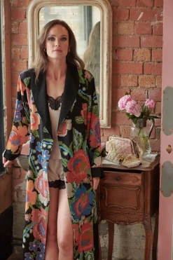 Woven Flower Black Crepe Robe Gown- Robes, Nightgowns & Dresses