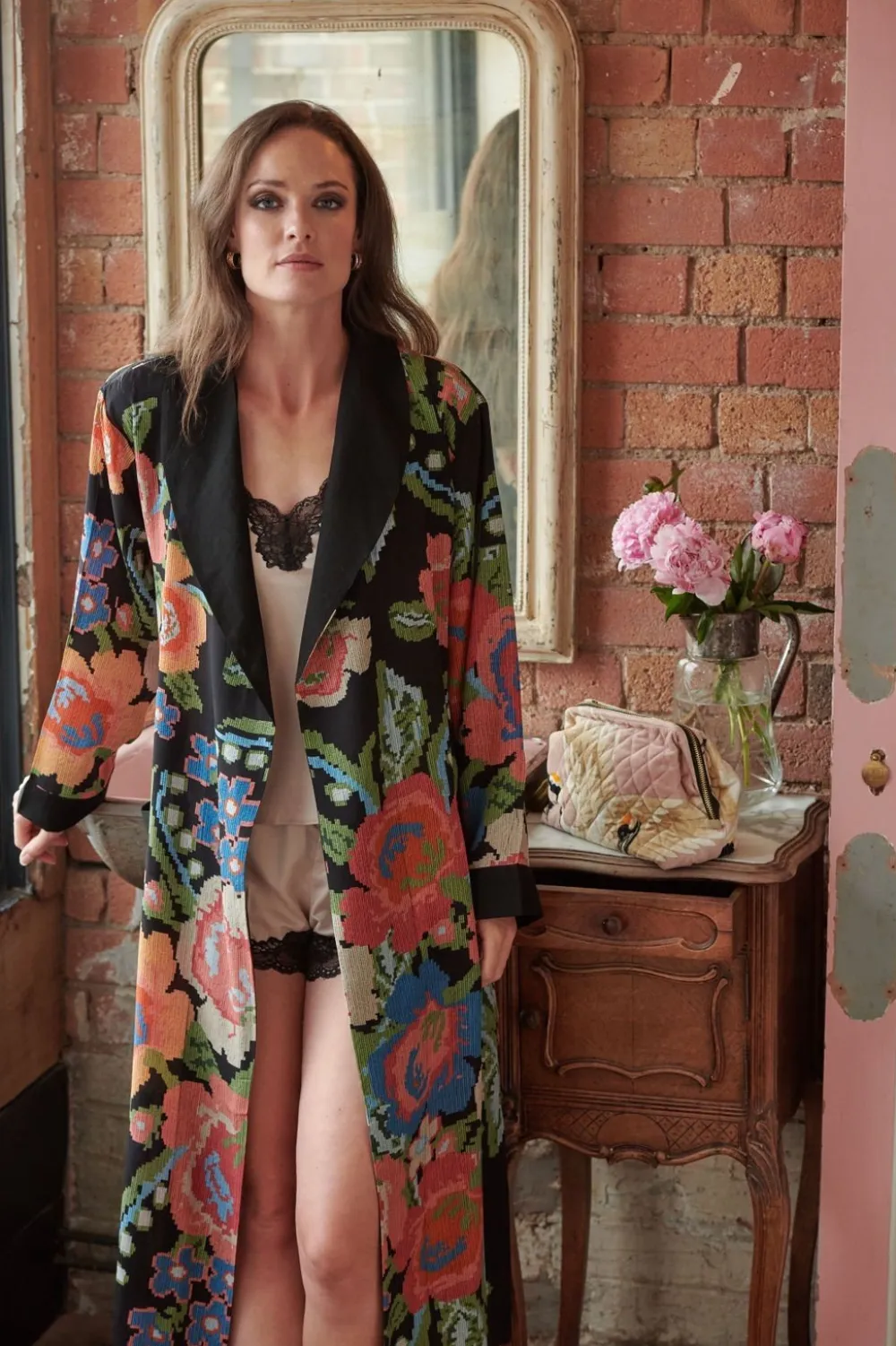 Woven Flower Black Crepe Robe Gown- Robes, Nightgowns & Dresses